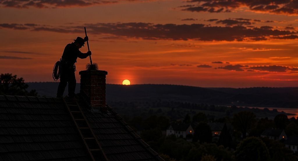 Silhouette of a chimney sweep with a brush and rope on a brick chimney at sunset