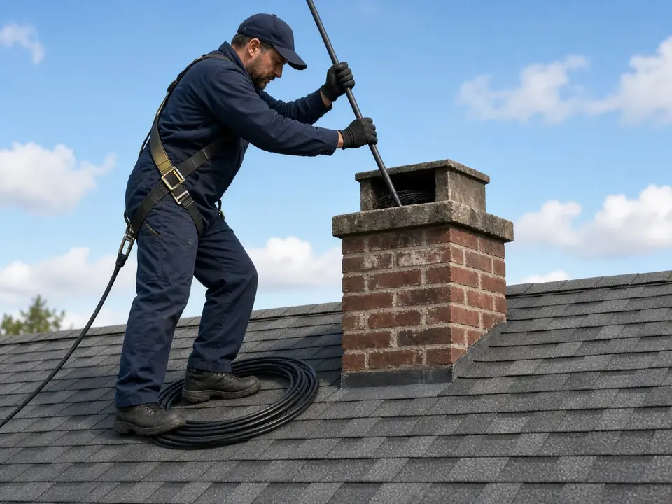 Chimney sweep on a roof pushing cleaning rods down a brick chimney