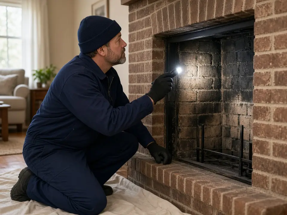 Chimney sweep using a flashlight to inspect a fireplace firebox