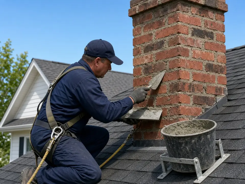 Mason repointing mortar joints on a brick chimney