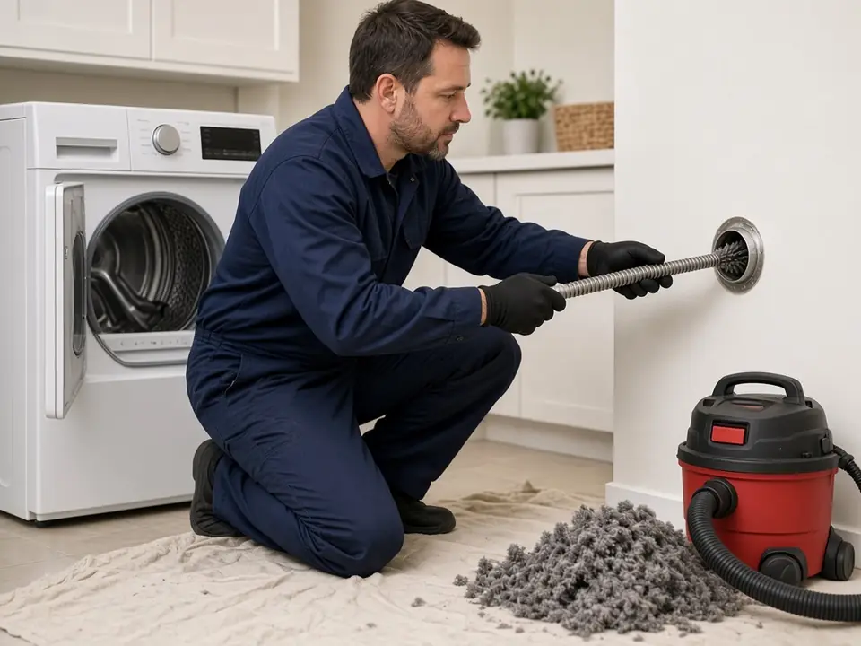 Technician brushing lint out of a dryer vent duct
