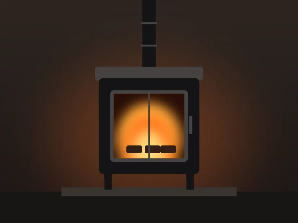 Illustration of a wood stove with a fire behind the glass (placeholder image)